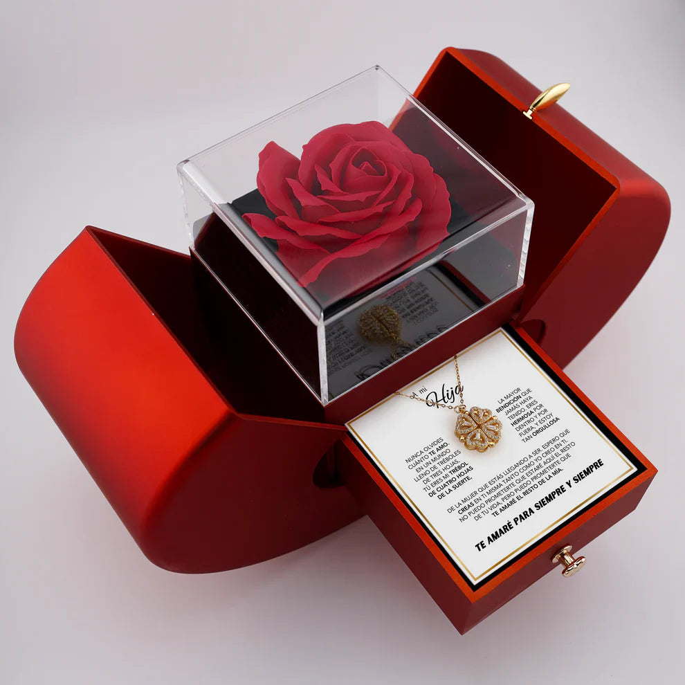 Collar trébol de 4 hojas y caja con rosa eterna